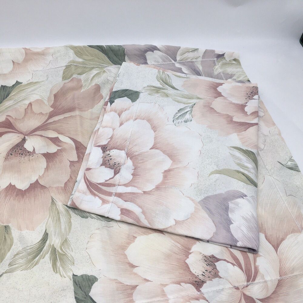 Vtg Cannon Pillow Sham Set Of 2 All Over Floral Peonies Peach Lavender Green
